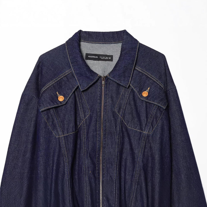 Dam Kort Denimjacka med Dragkedja, Tailored Drawstring och Western Details