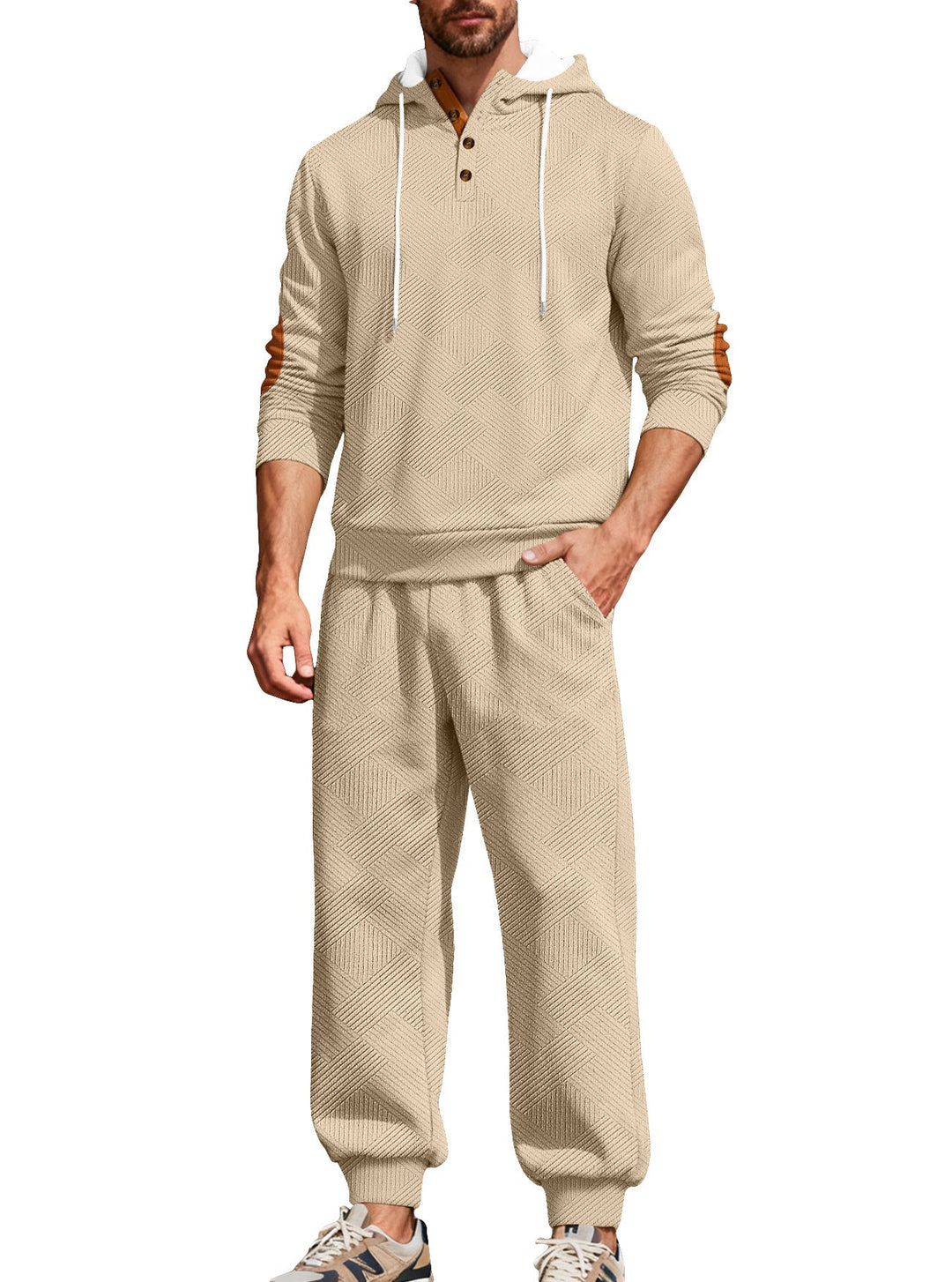 Herr Textured Luvtröja Jogging Set med Henley Knapplist och Contrast Elbow Lappar
