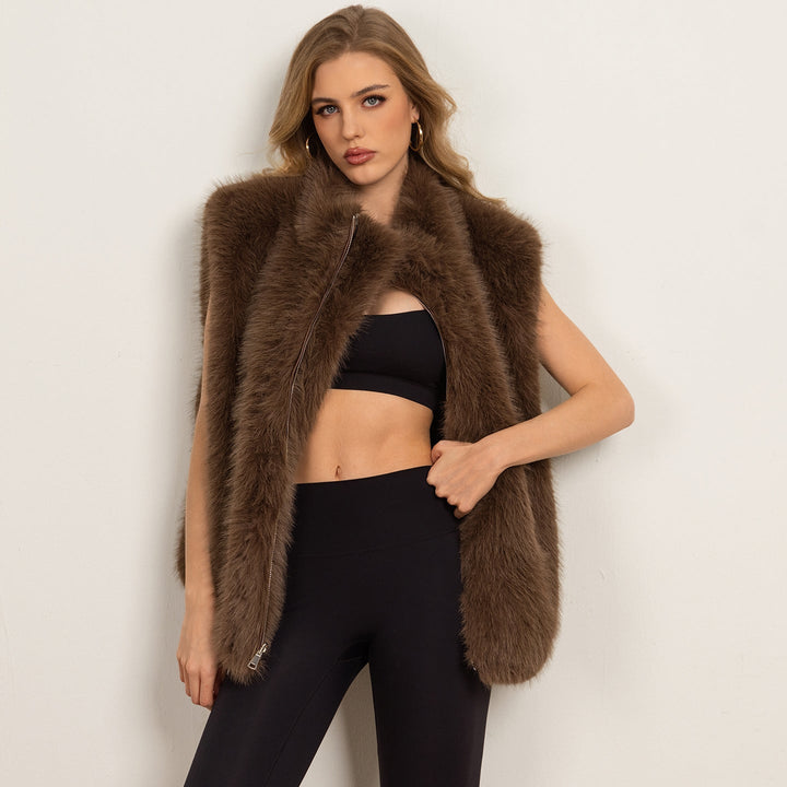 Dam kort mysig faux fur väst med hel dragkedja och rutig foder