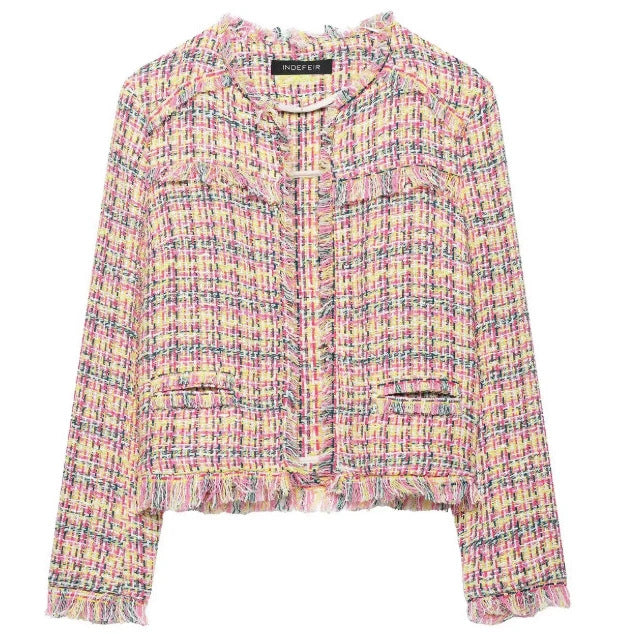 Dam Kort Bouclé-Tweed Blazer i Chanel Stil med Fringe Trims