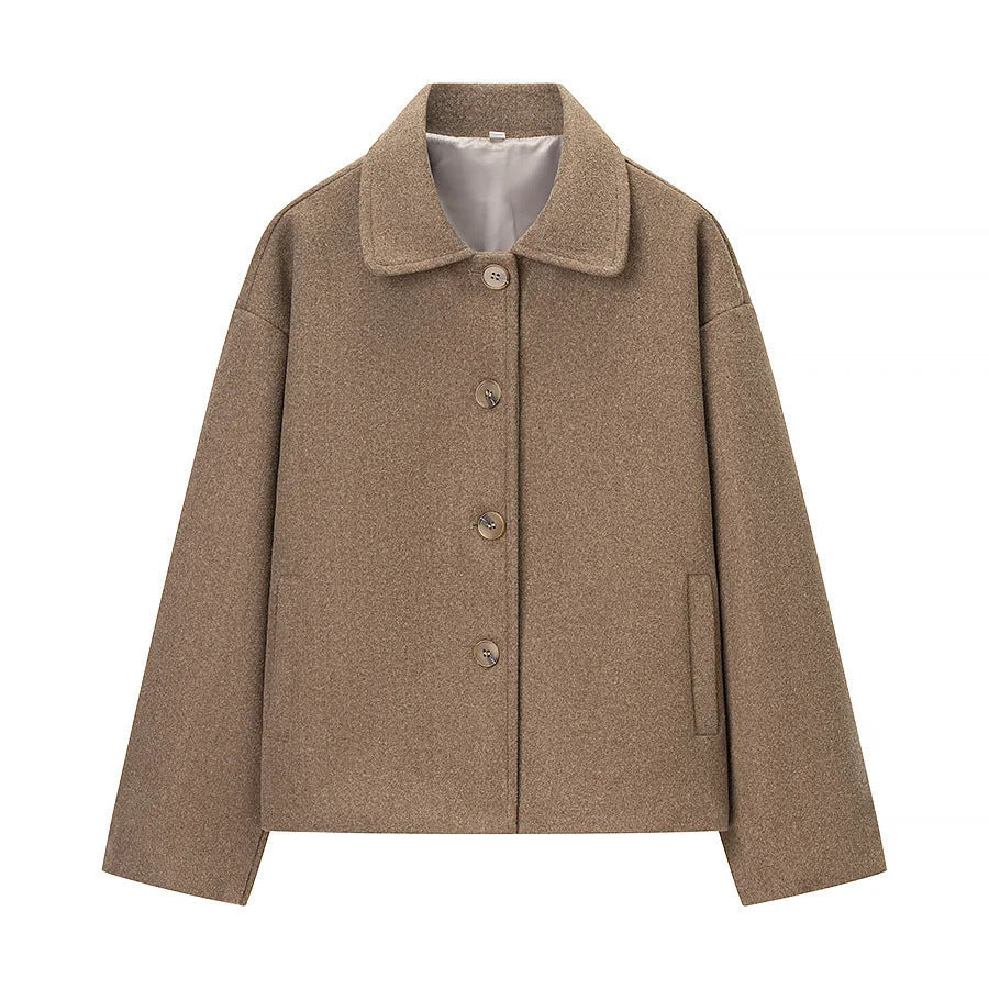 Dam boxy kort jacka med oversized skjortkrage, concealed knäppning och seamless sidofickor