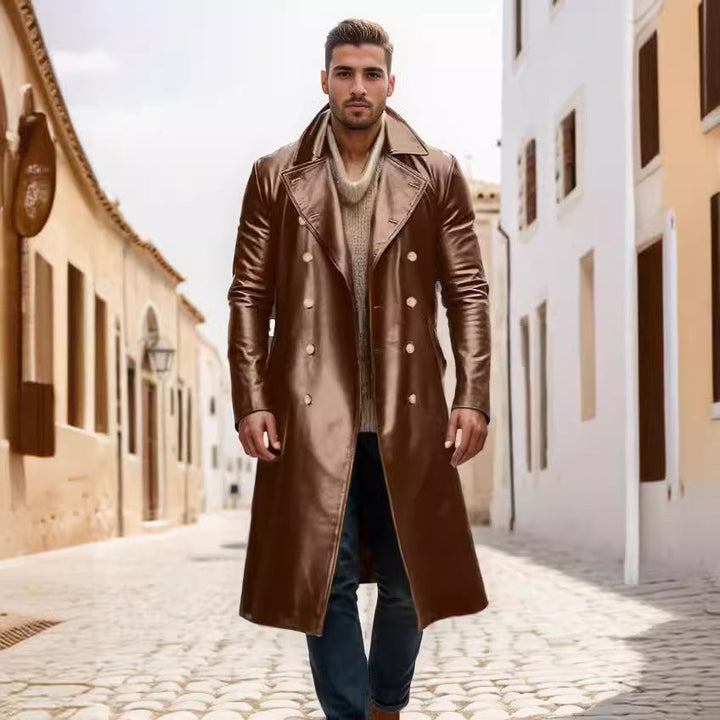 Herr Long Shiny Konstläder Trenchcoat med Dubbel Breasted och Särpräglad Lapel