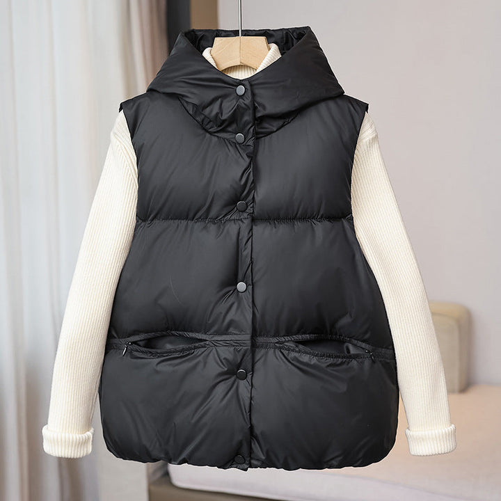 Dam non-vadderad sleeveless thermal väst med voluminous ståkrage, concealed snap knäppning och side dragkedja fickor
