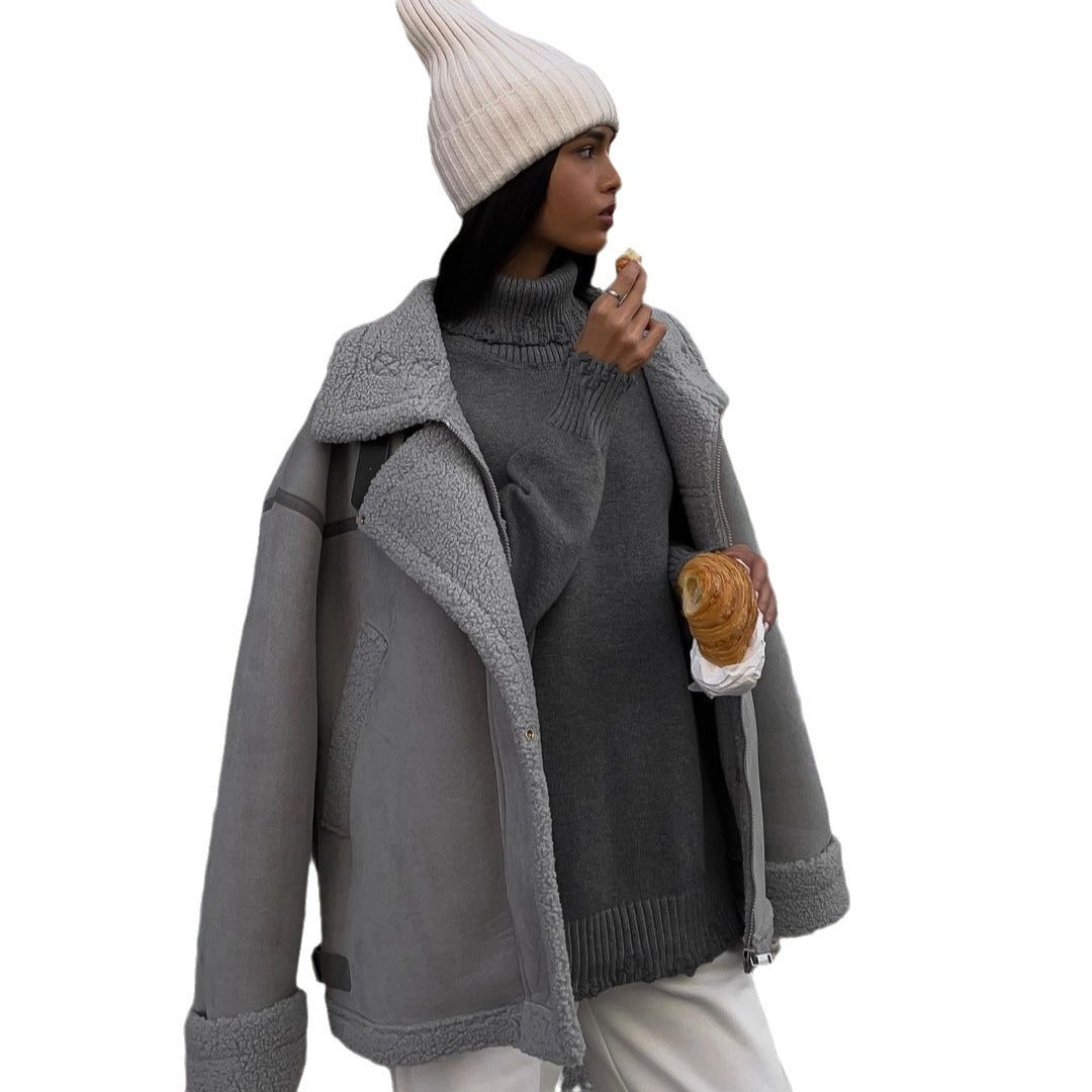 Dam vid skärning Lambskin Imitation Flight jacka med Faux Fur foder