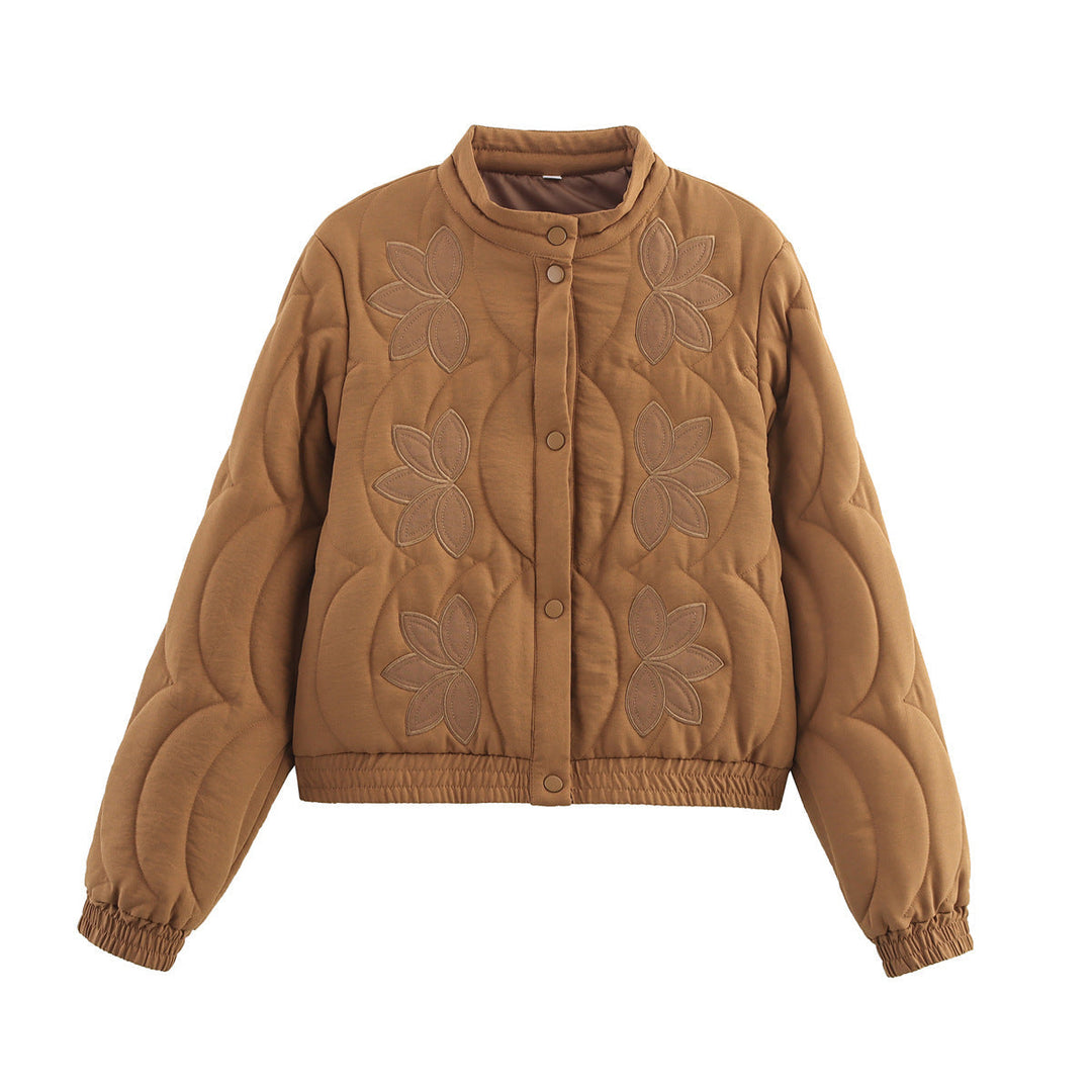 Dam Kort Skärning Vadderad Jacka med Blommig Appliqués och Elastic Nederkant