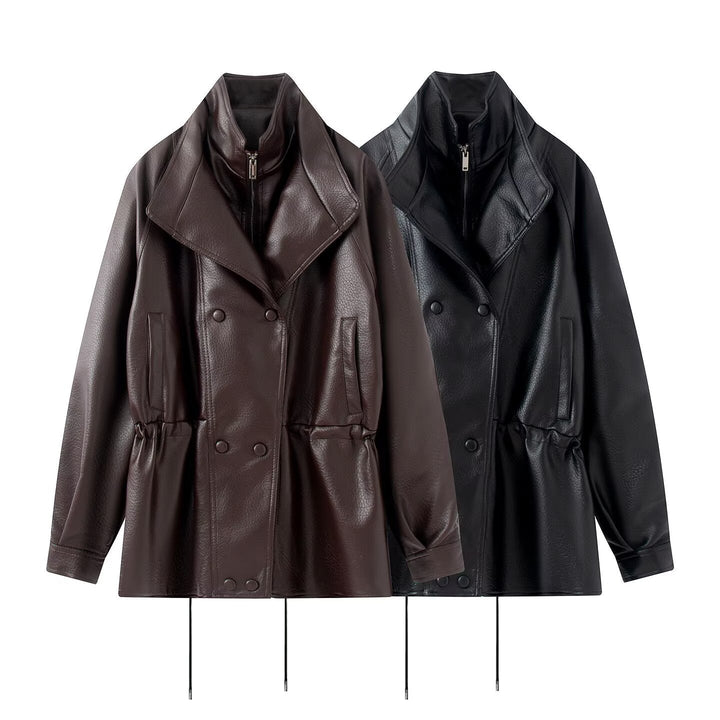 Dam Double-Breasted Jacka i Konstläder med Stå Krage, Wide Lapel och Drawstring