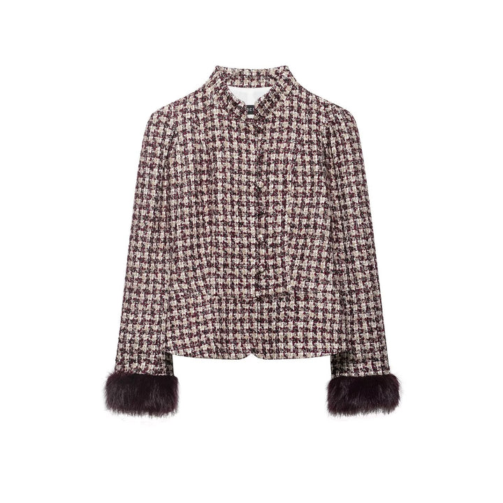 Dam Kort Bouclé Tweedjacka med Stå Krage och Faux Fur Muddar