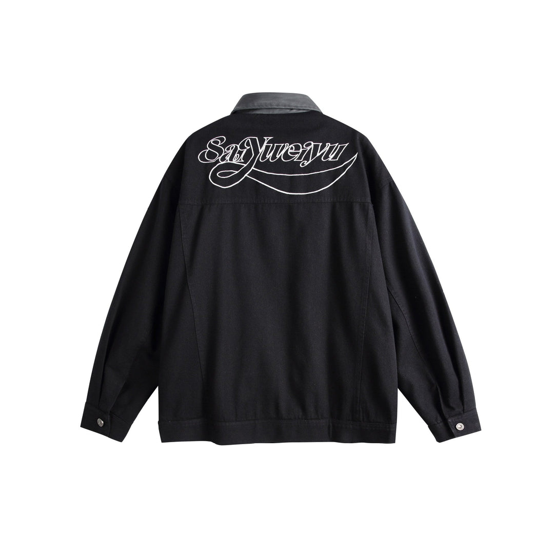 Unisex Oversized Canvas Skjorta Jacka med Contrasting Konstläder Krage