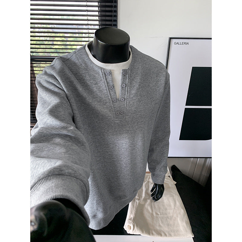 Herr Henley College-Tröja med Knapplist, Oversized Passform &amp; Ribbstickade Muddar