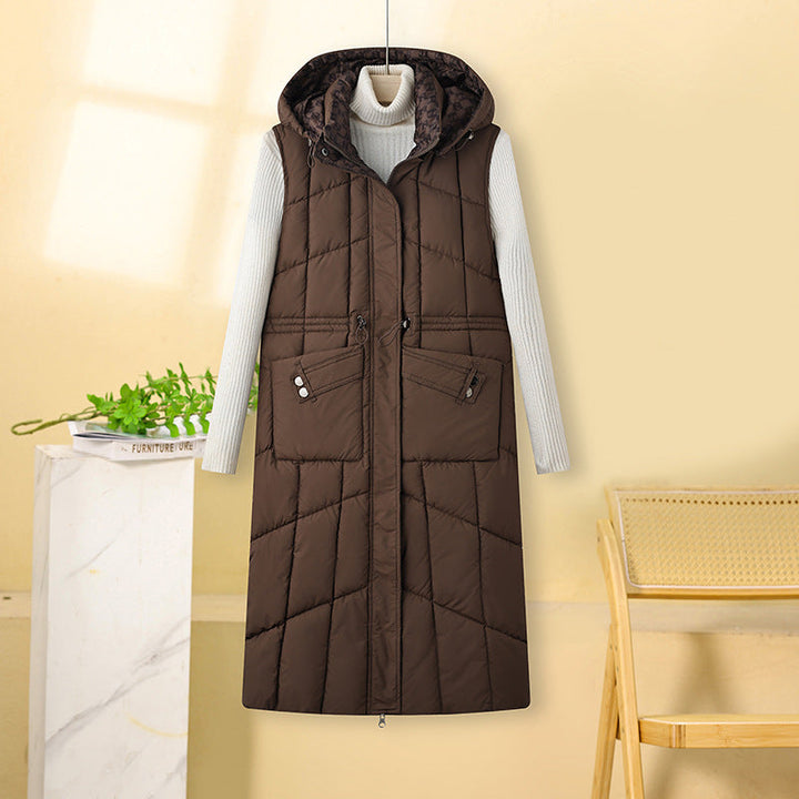 Dam lång sleeveless thermo quiltad kappa med huva, adjustable drawstring waist och multifunctional fickor