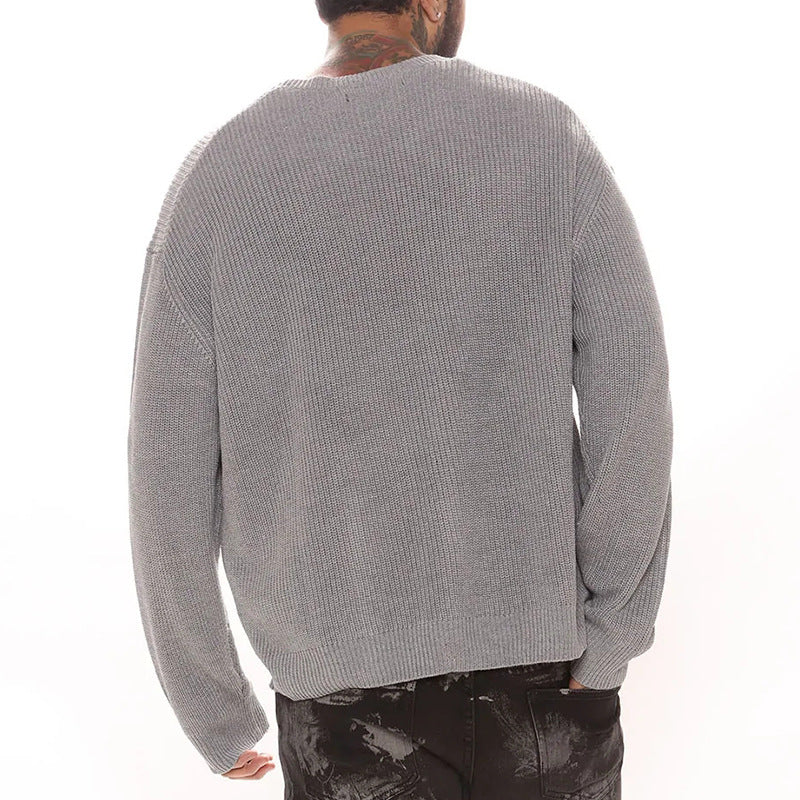 Herr Ledig Strukturerad Stickad Pullover med Round Neck och Drop Shoulders