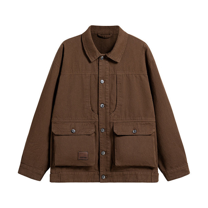 Herr Oversize Canvas Utilityjacka med Applied Multi-Functional Fickor och Tryckknappslå