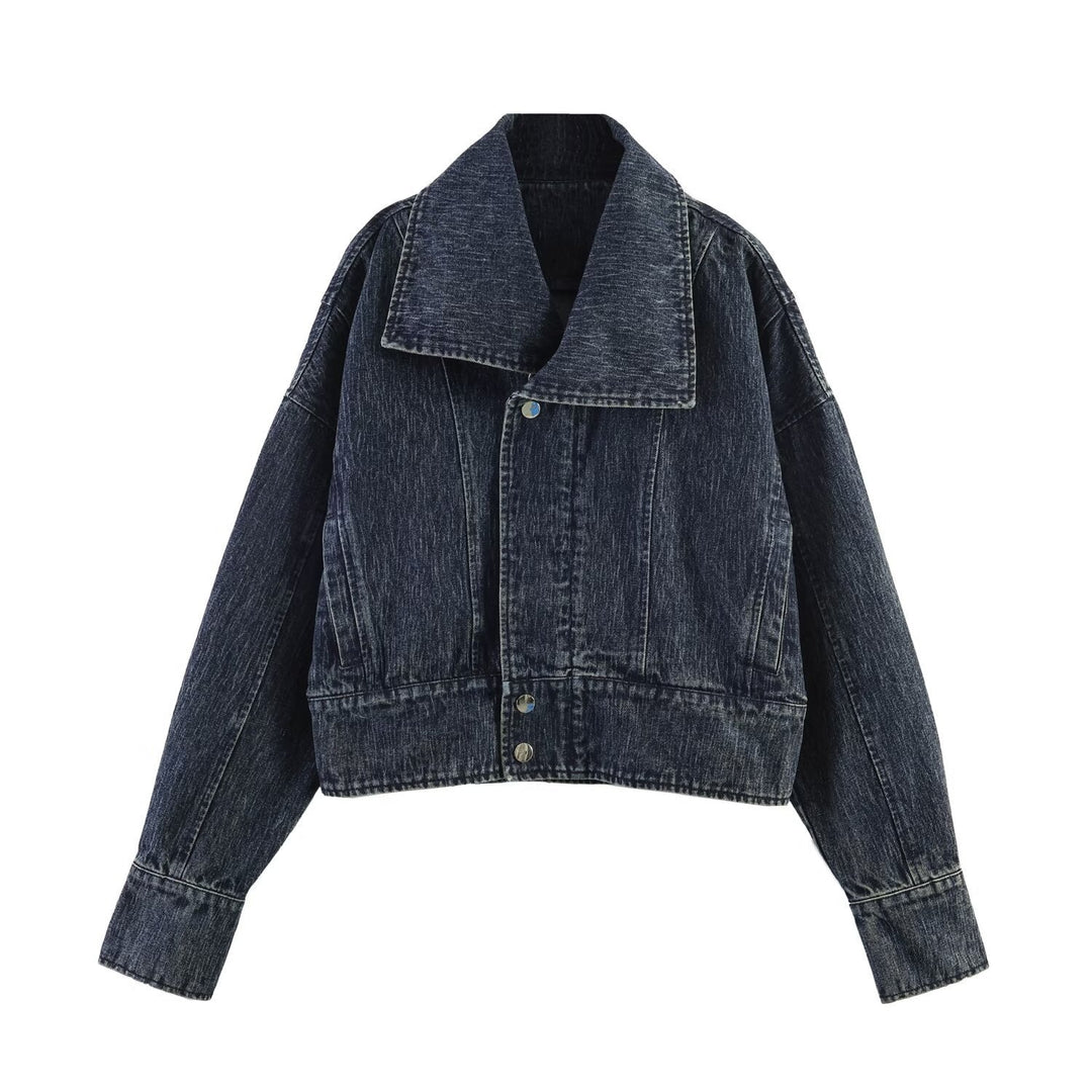 Dam Oversize Denimjacka med Stora Shawl Krage och Used Effect