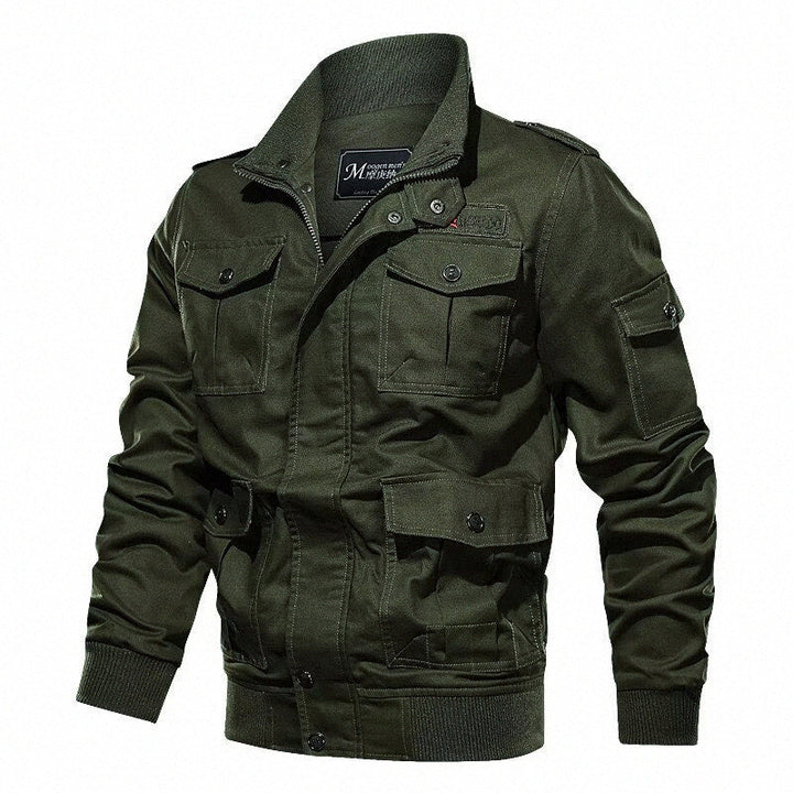 Herr Military-Inspired Canvas Fältjacka med Axelklaffar och Multifunktionell Fickor