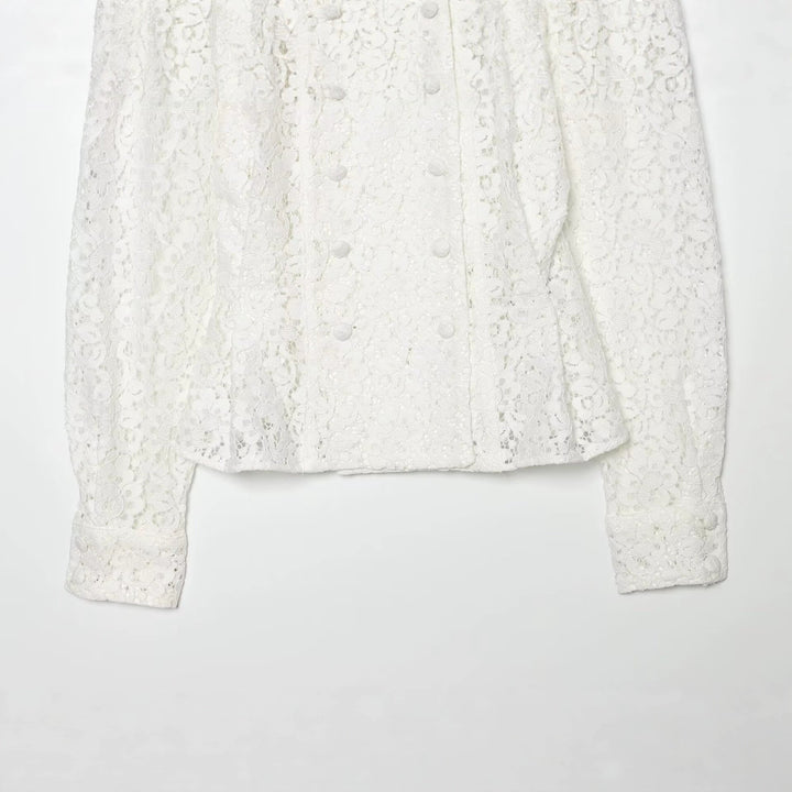 Dam Lace Jacka med Delicate Blommig Lace, Dekorativ Knapp Knäppning och Balloon Ärmar