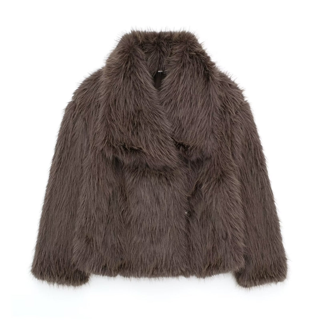 Dam kort Faux Fur jacka med Voluminous Shawl krage
