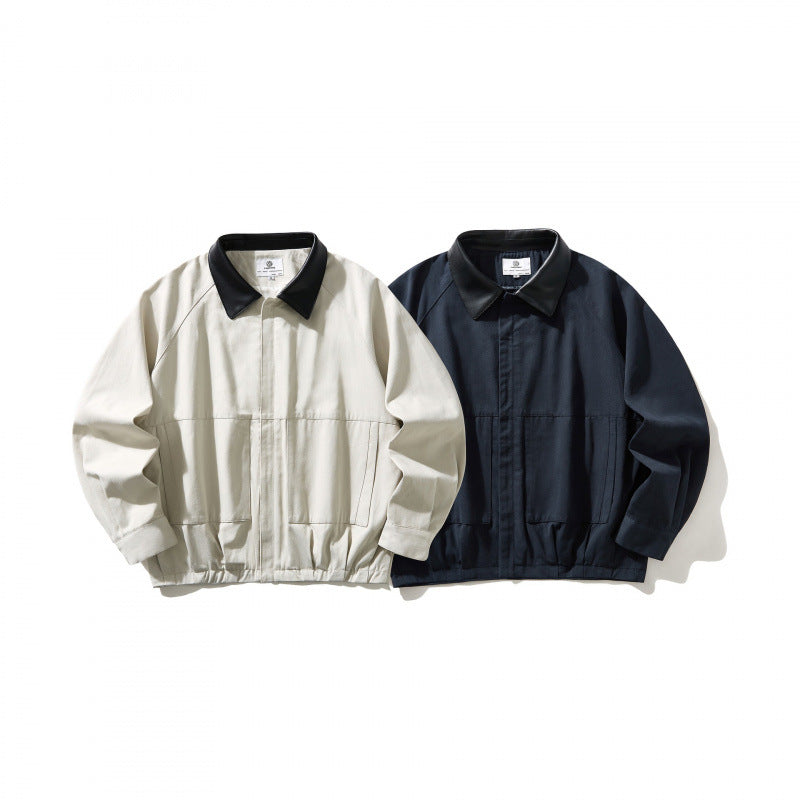 Herr short-cut canvas jacka med imitation läder krage och elastisk fåll