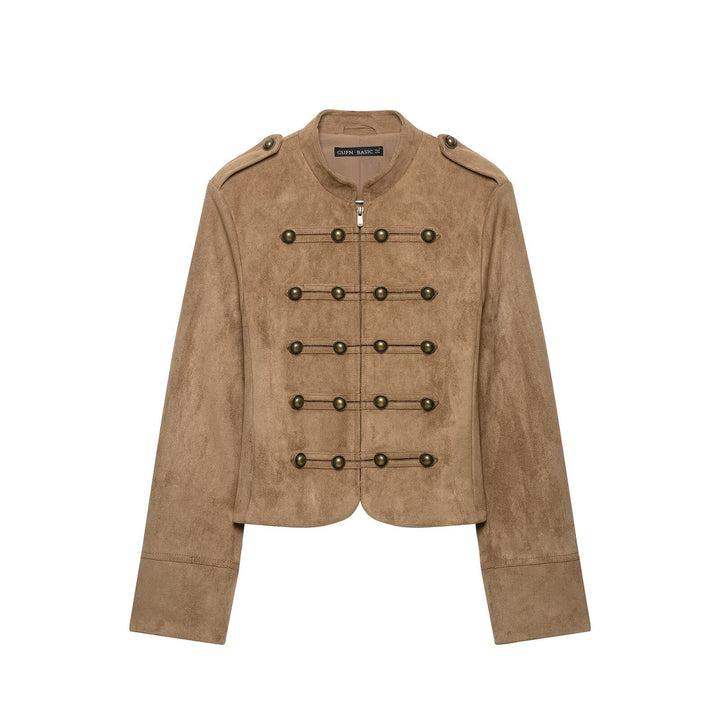 Dam Cavalry Bolero i Suede Look med Dekorativ Knapp Row