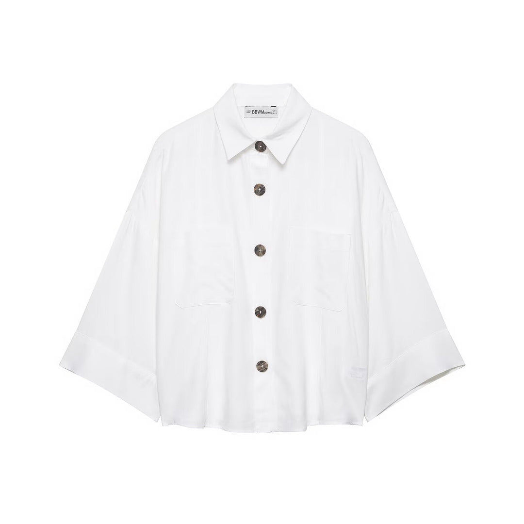 Dam Oversize Skjortjacka med Wide Kimono Ärmar och Stora Horn Knappar