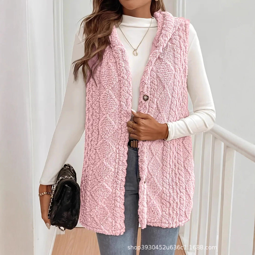 Dam fleece Lined teddy väst med huva och knapp stängning