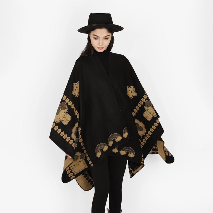 Dam Oversize poncho med Jacquard Animal mönster och Asymmetrical Pointed fåll