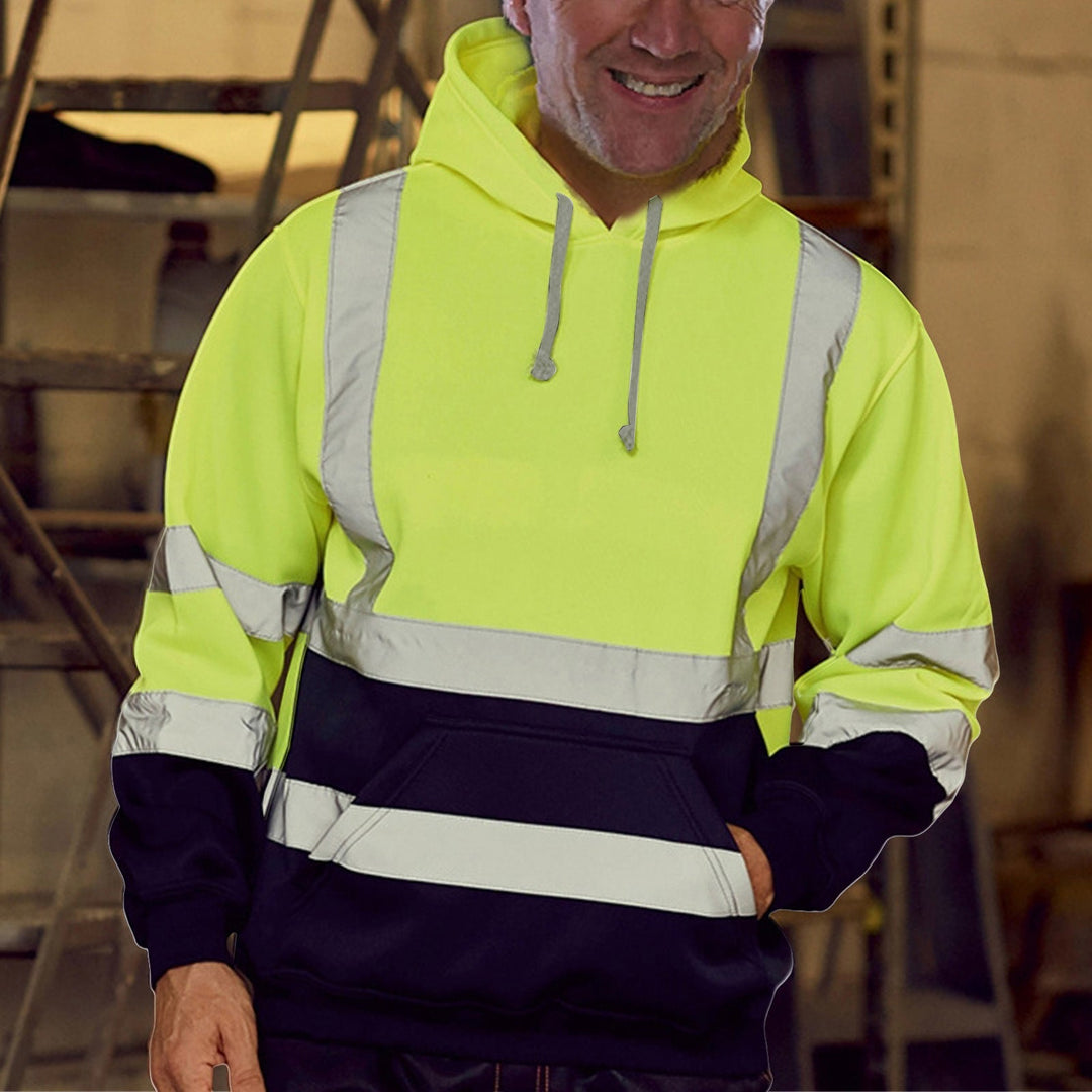 Herr Reflective Safety Luvtröja med Contrasting Reflective Bands, Känguruficka och Adjustable Huva