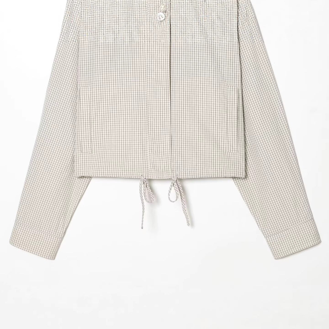 Dam Kort Kort Stå Krage Jacka med Drawstring Nederkant och Fine Check Mönster