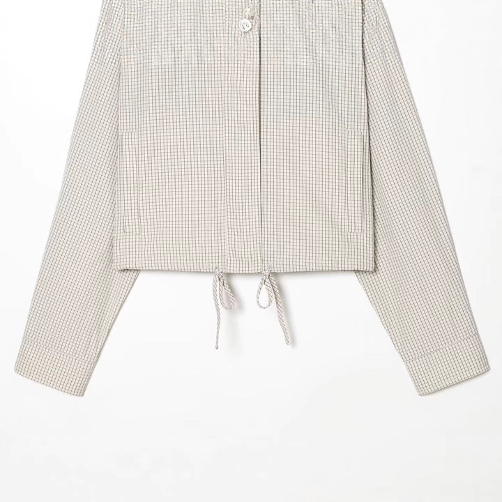 Dam Kort Kort Stå Krage Jacka med Drawstring Nederkant och Fine Check Mönster