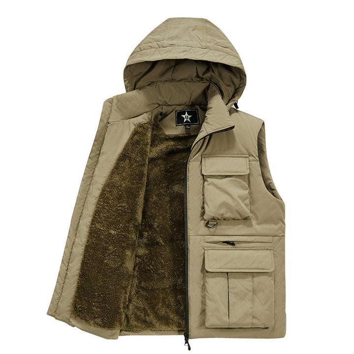 Herr Insulated Utility Väst med Huva, Teddyfoder och Multi-Functional Fickor