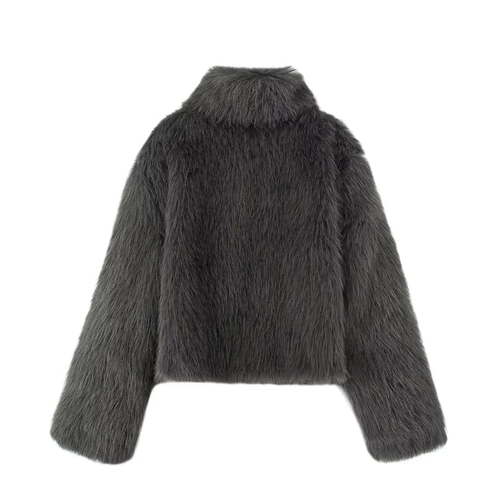 Dam kort faux fur kort jacka med high ståkrage, kort boxy skärning och lång pile artificial fur look