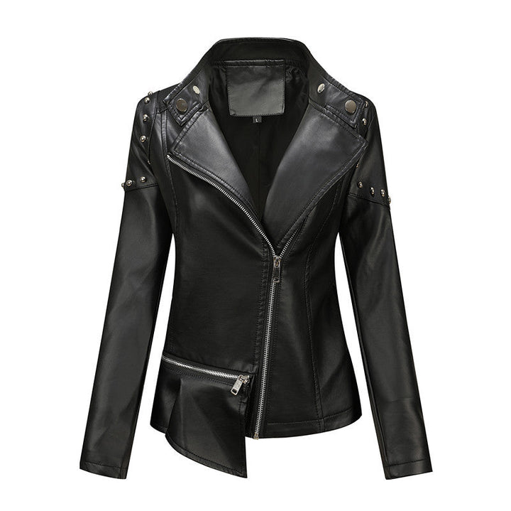 Dam Asymmetrical konstläder bikerjacka med Studs &amp; asymmetrisk dragkedja