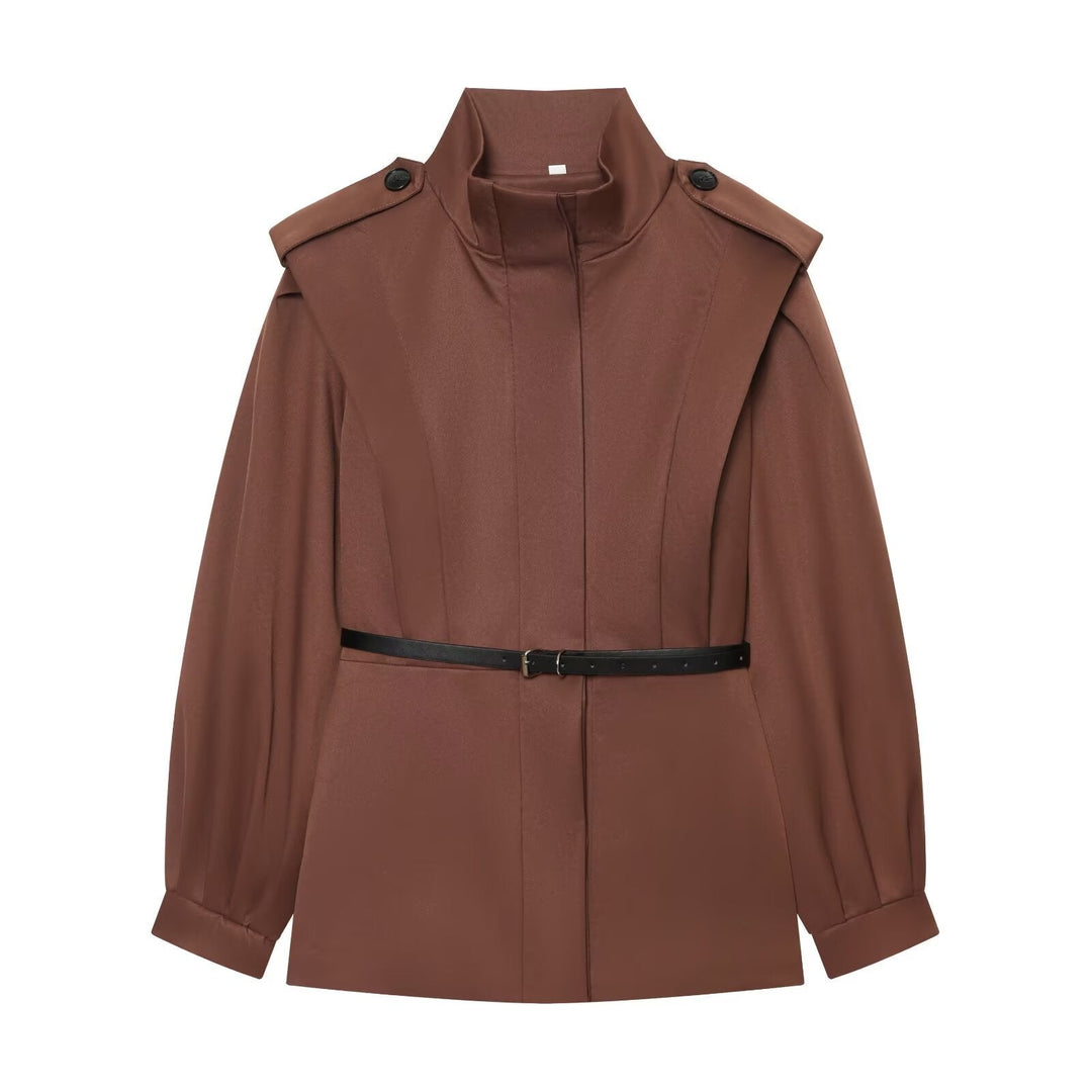 Dam Cape-Like Kappa Jacka med Standing Krage, Shoulder Flaps och Belted Waist