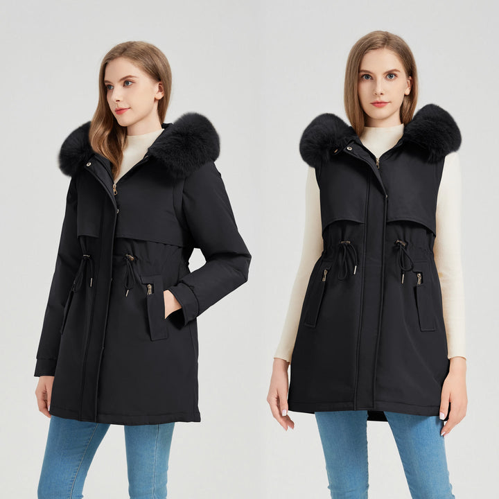 Dam funktionell parka med Avtagbar Fusk Päls Krage och Midja Drawstring