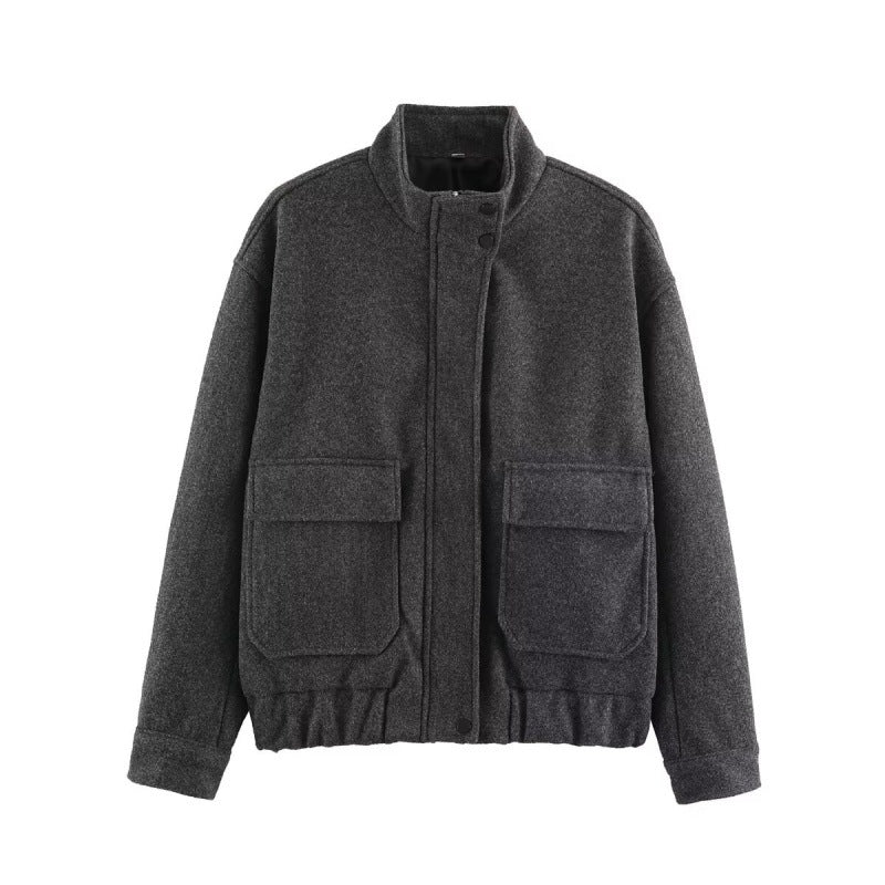 Dam Boxy ull Blouson med ståkrage, stor Flap fickor och Elastic fåll