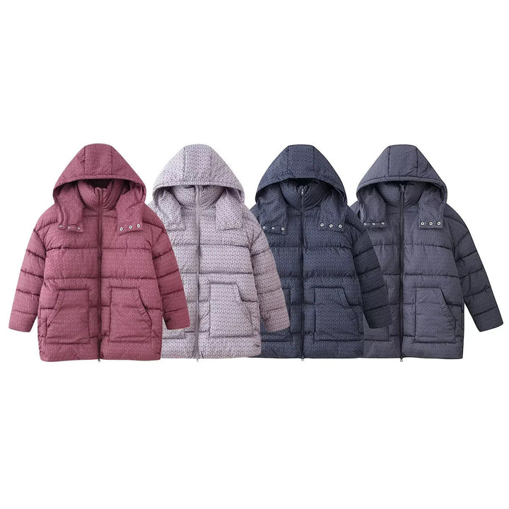 Dam non-quiltad hooded jacka med graphic quiltad mönster, two-way dragkedja och oversized fickor