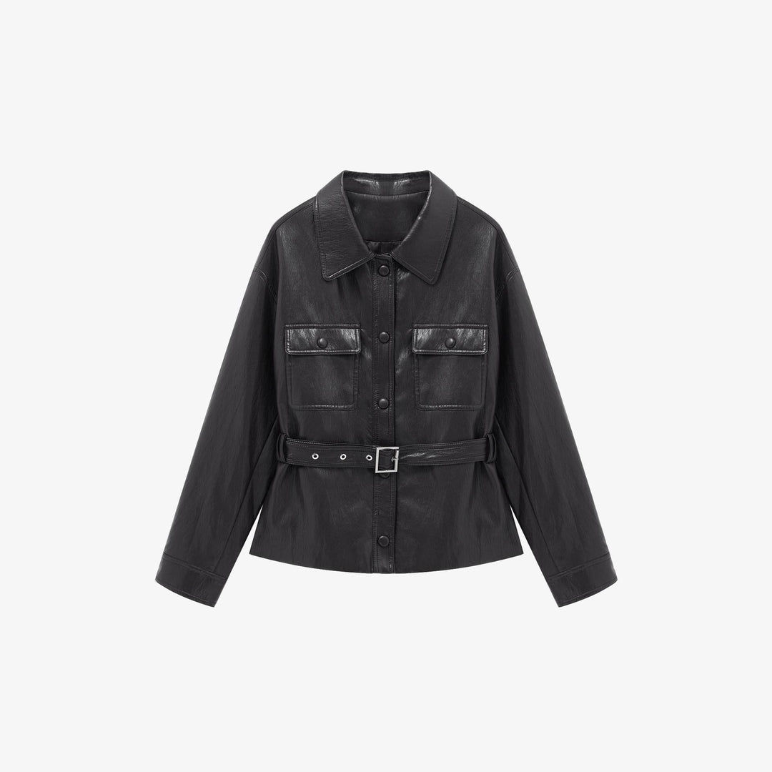 Dam läderjacka in oversize utility stil med midjebälte