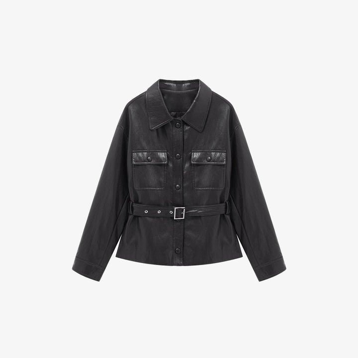 Dam läderjacka in oversize utility stil med midjebälte
