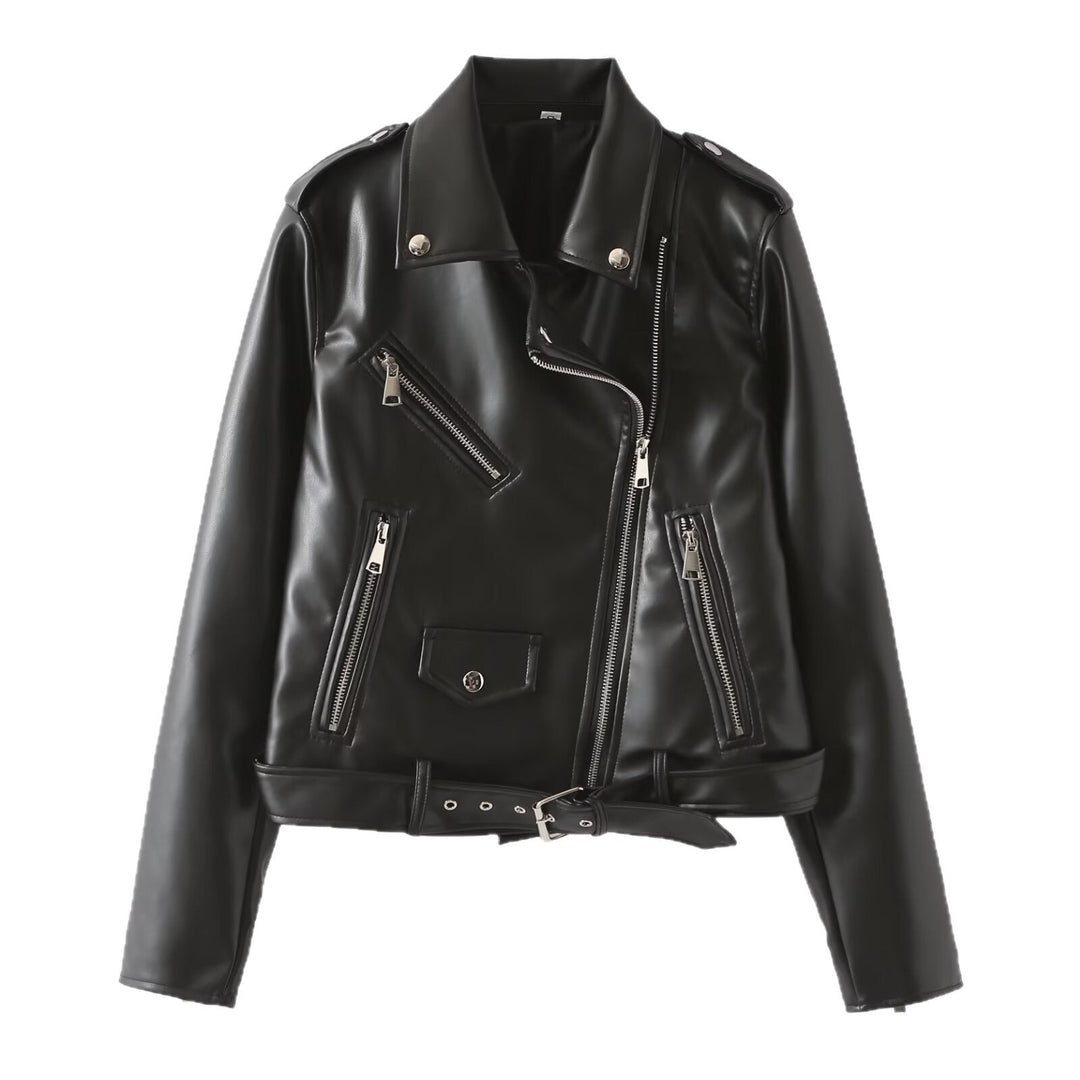 Dam Bikerjacka Tillverkad av Vegansk Läderlook med Waist Belt och Asymmetrisk Dragkedja