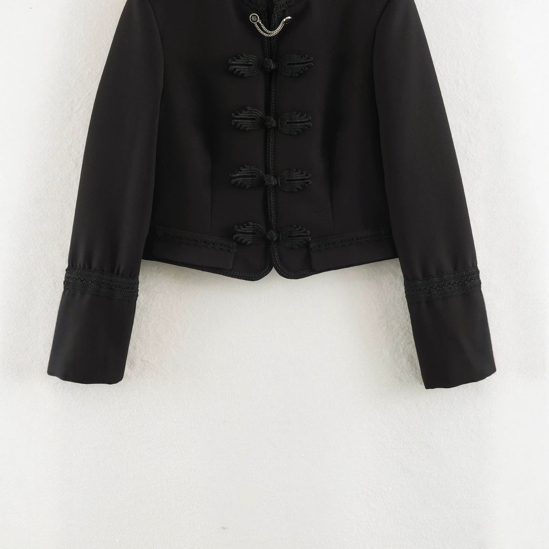 Dam Kort Military-Stil Jacka med Mandarin Krage, Dekorativ Knot, och Epaulettes