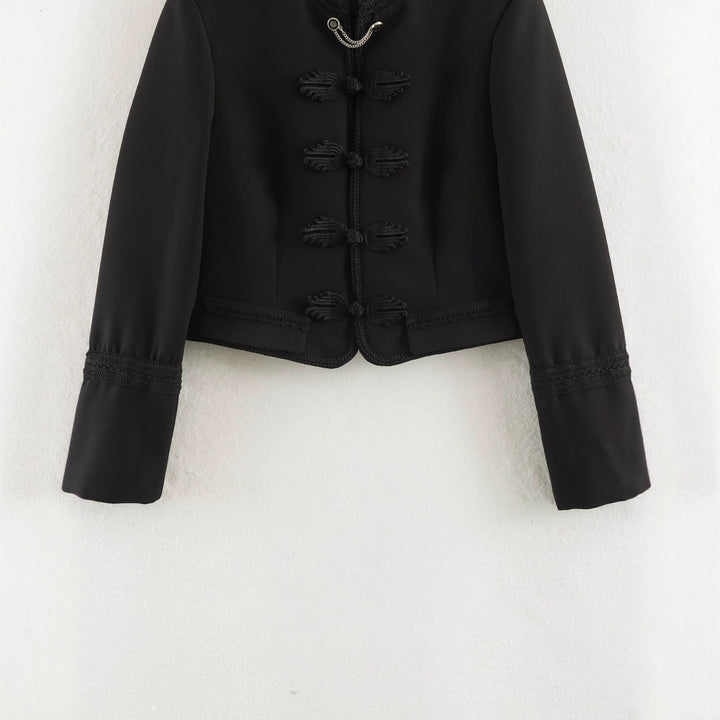 Dam Kort Military-Stil Jacka med Mandarin Krage, Dekorativ Knot, och Epaulettes