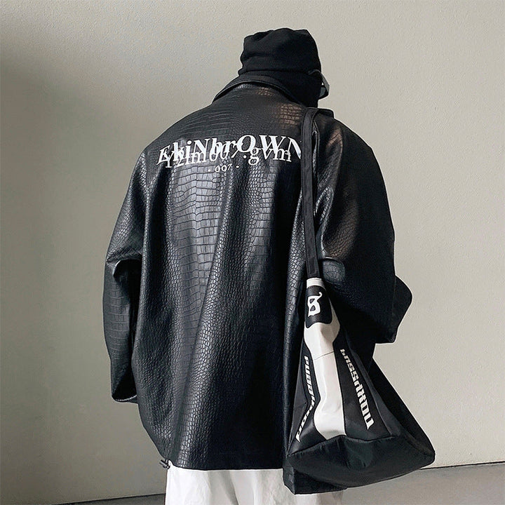 Herr Oversized Konstläder Jacka med Crocodile Embossing och Bak Logo