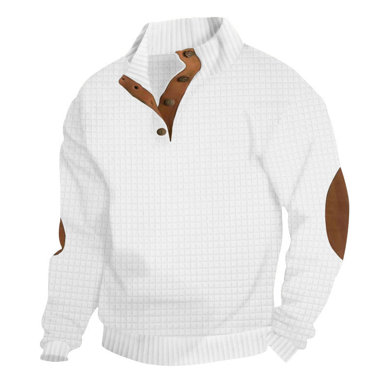 Herr Strukturerad Waffle Stickad Henley Tröja med Läder Kant &amp; Elbow Lappar