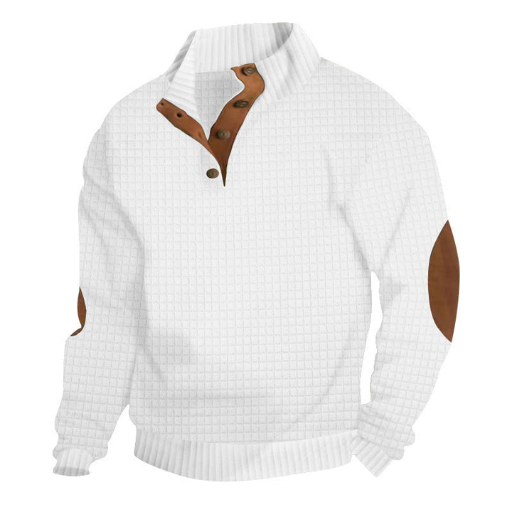 Herr Strukturerad Waffle Stickad Henley Tröja med Läder Kant &amp; Elbow Lappar