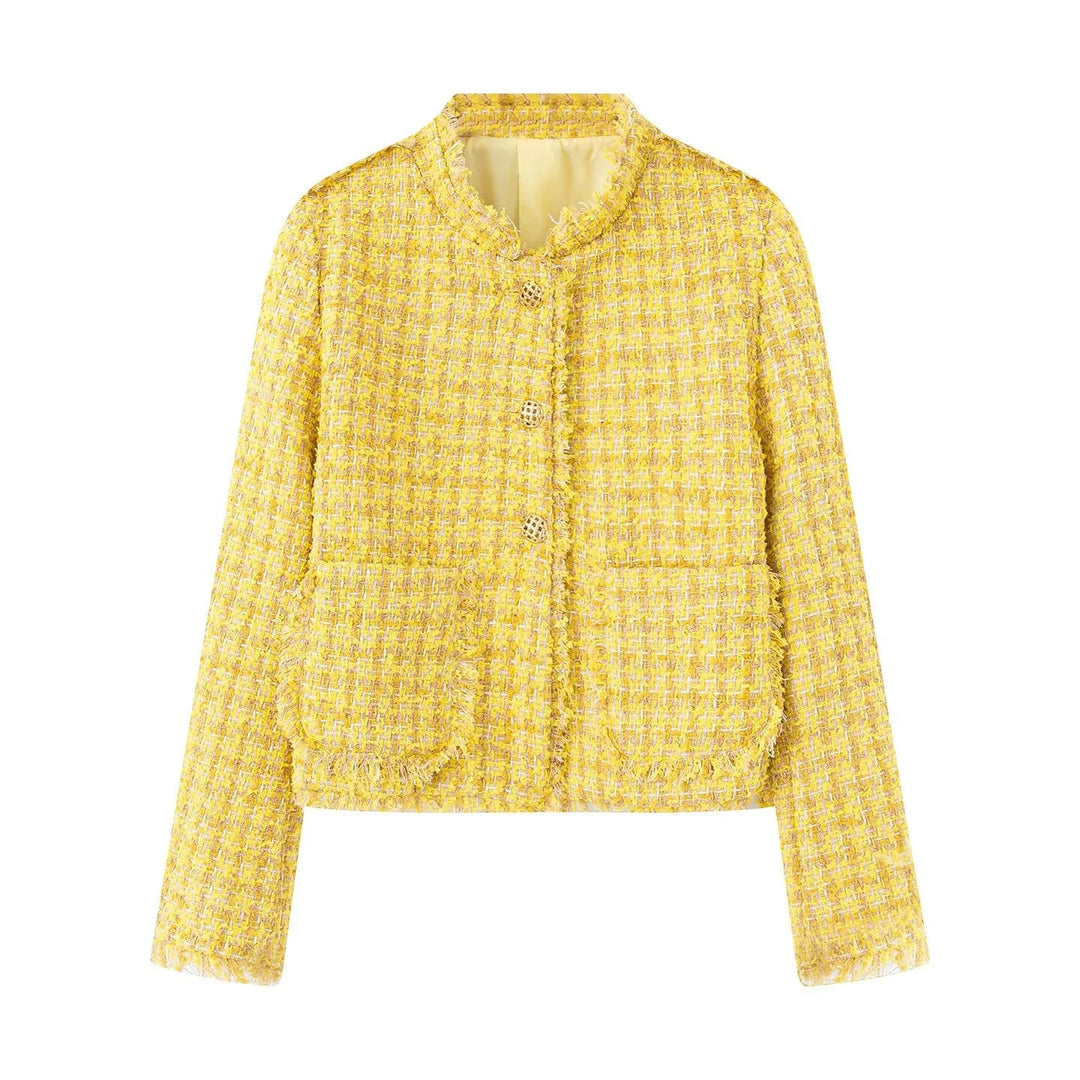 Dam kort bouclé tweed jacka med golden decorative knappar, påsydda fickor, och fringe kant