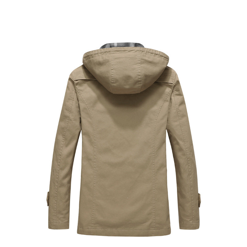 Herr Canvas Fält Parka med Rutig Foder, Huva, och Multifunctional Fickor