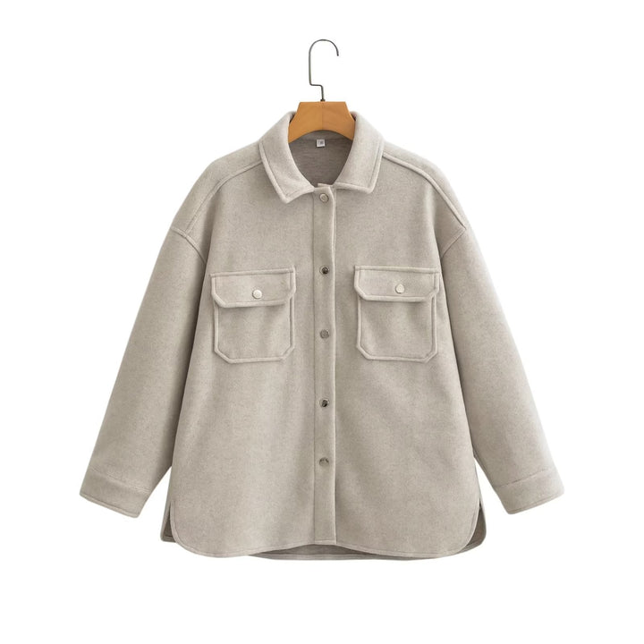 Dam oversize ullblandning Shacket med Snap knapp fram och utanpåfickor