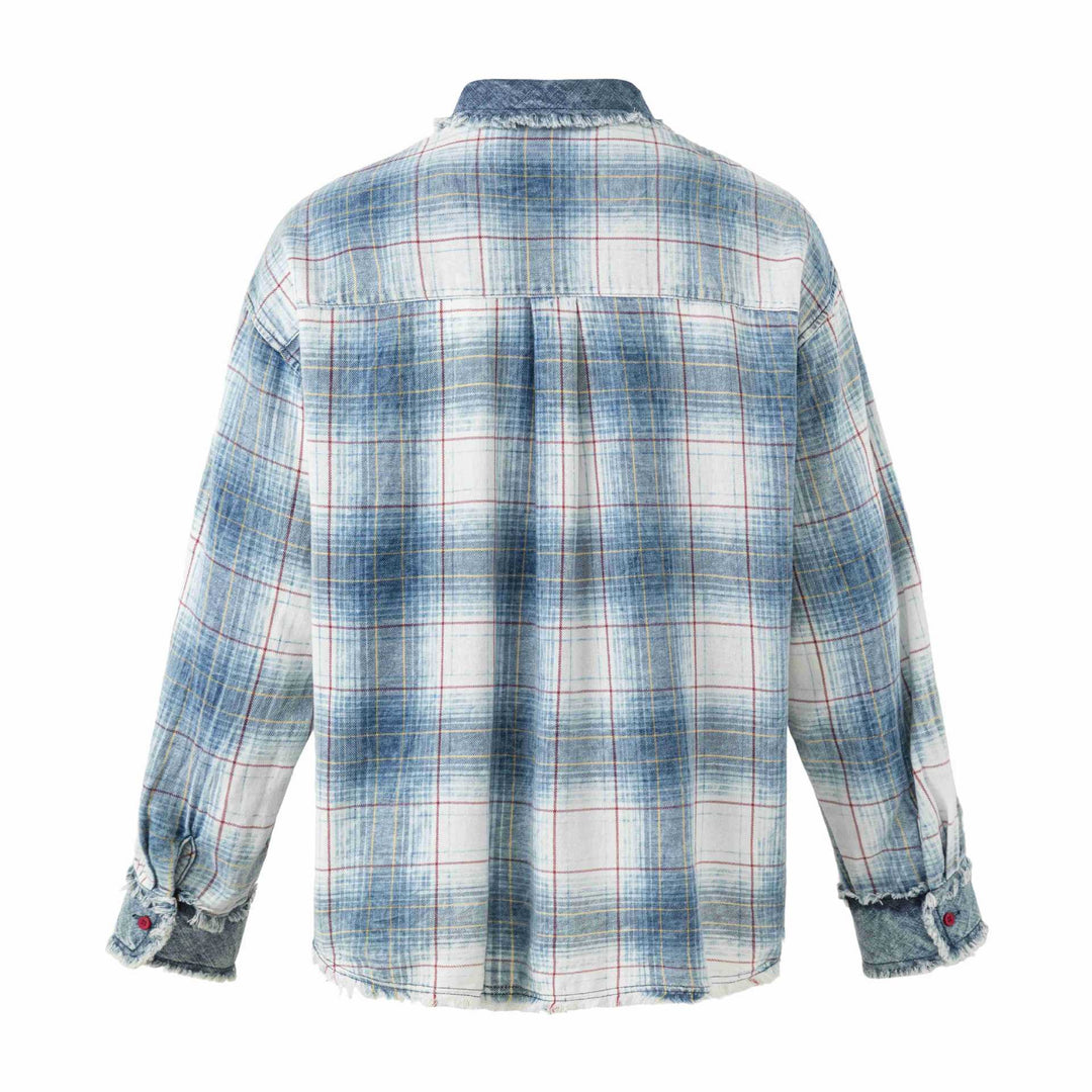 Dam Oversized Rutig Skjorta Jacka med Denim Applications och Frayed Edges