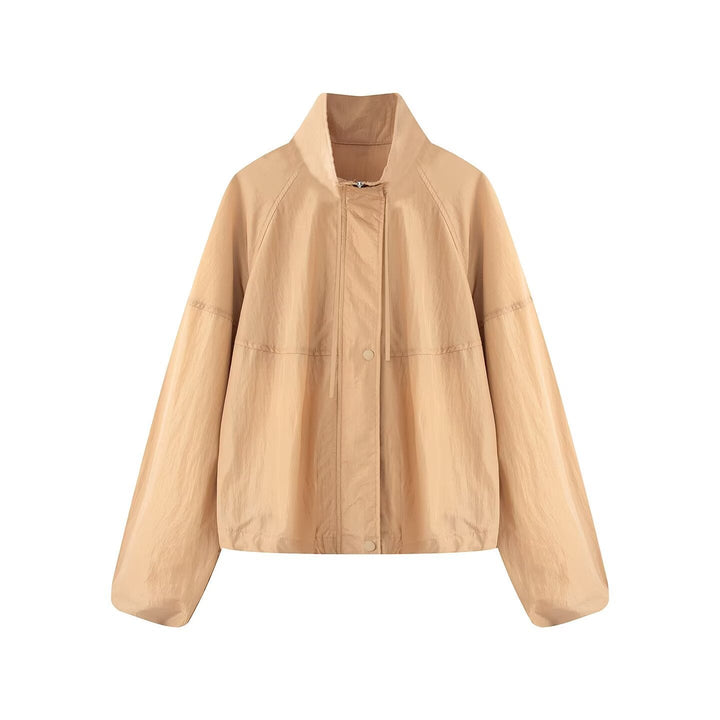 Dam Lätt Oversize Blouson Jacka Tillverkad av Nylon med Stå Krage, Drawstring och Tryckknapp Knapp Stängning