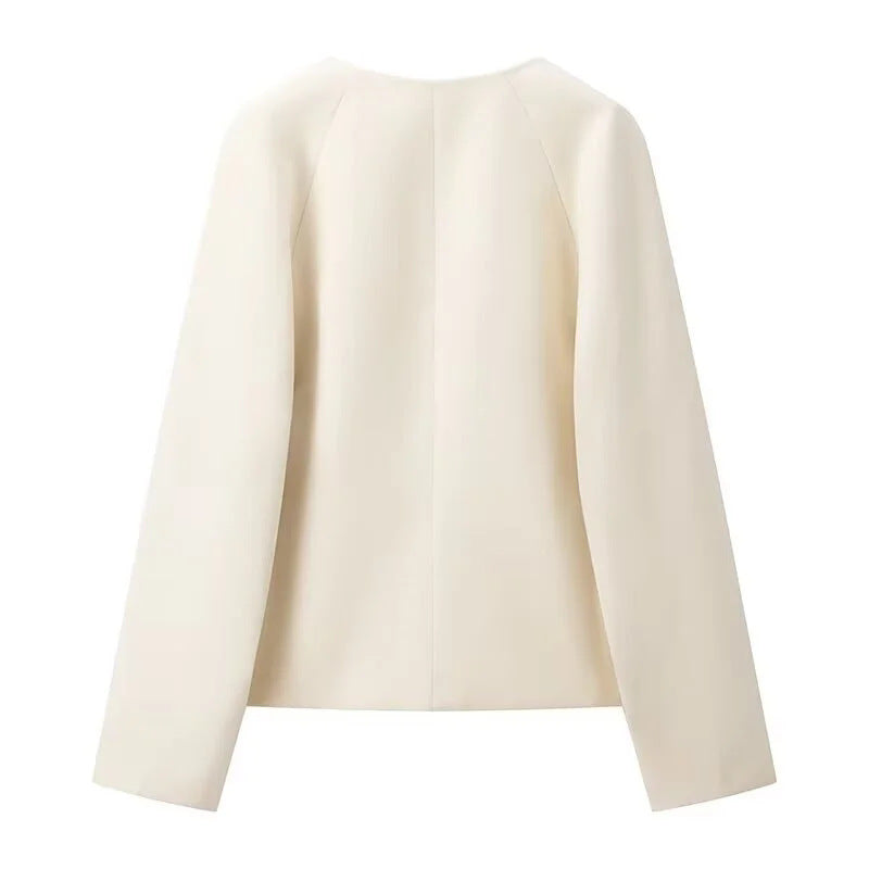 Dam cropped jacka med V-neck, double spännestängning, och boxy silhuett