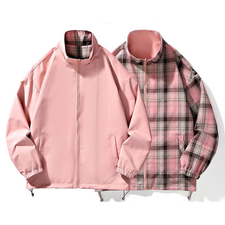 Herr Loosely Skärning Övergångs Jacka med Checkered Foder och Stående Krage